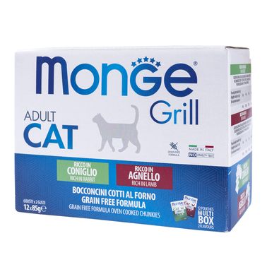 Влажный корм Monge Cat Grill для взрослых кошек с кроликом, с ягненком, бокс с паучами 12 шт х 85 г
