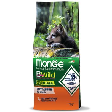Сухой корм Monge Dog BWild GRAIN FREE Puppy & Junior для щенков, беззерновой, из мяса утки с картофелем 12 кг