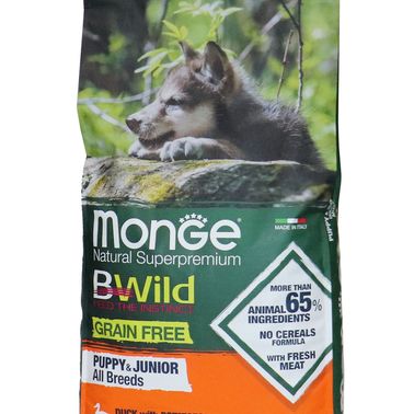 Сухой корм Monge Dog BWild GRAIN FREE Puppy & Junior для щенков, беззерновой, из мяса утки с картофелем 12 кг