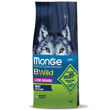 Сухой корм Monge Dog BWild LOW GRAIN для взрослых собак, низкозерновой, из мяса дикого кабана 12 кг