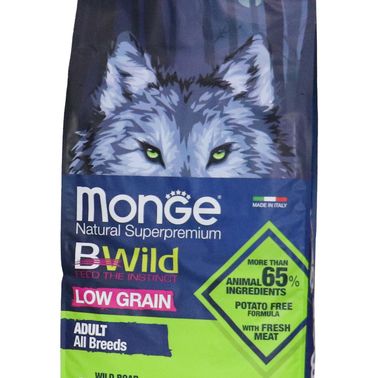 Сухой корм Monge Dog BWild LOW GRAIN для взрослых собак, низкозерновой, из мяса дикого кабана 12 кг