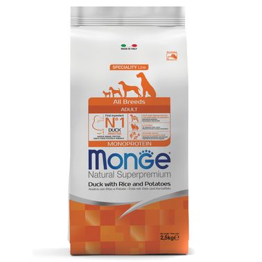 Сухой корм Monge Dog Speciality Line Monoprotein для взрослых собак всех пород, из утки с рисом и картофелем 2,5 кг