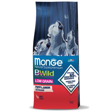 Сухой корм Monge Dog BWild LOW GRAIN Puppy & junior для щенков, низкозерновой, из мяса оленя 12 кг