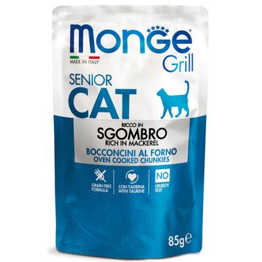 Влажный корм Monge Cat Grill для пожилых кошек, из эквадорской макрели, паучи 85 г