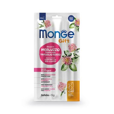 Лакомство Monge Gift Skin support для кошек "Мягкие палочки" со свежей треской и красным клевером для здоровой кожи 15 г