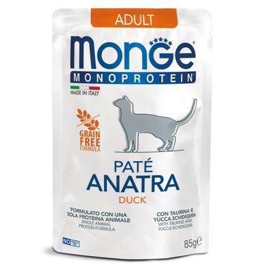 Влажный корм Monge Cat Monoprotein для взрослых кошек, из утки, паучи 85 г