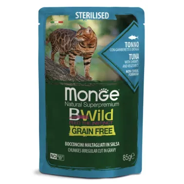 Влажный корм Monge Cat BWild GRAIN FREE для стерилизованных кошек, беззерновой, из тунца с креветками и овощами, паучи 85&nbsp;г