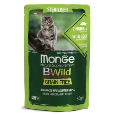 Влажный корм Monge Cat BWild GRAIN FREE для стерилизованных кошек, беззерновой, из мяса дикого кабана с овощами, паучи 85&nbsp;г