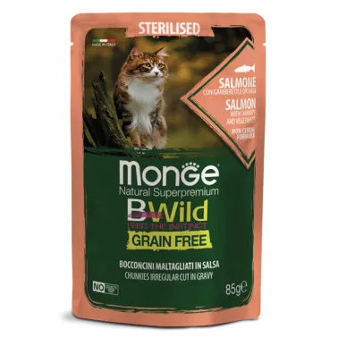 Влажный корм Monge Cat BWild GRAIN FREE для стерилизованных кошек, беззерновой, из лосося с креветками и овощами, паучи 85&nbsp;г